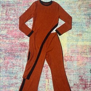 SHEIN Rust Orange Long-Sleeve Jumpsuit with Black Trim